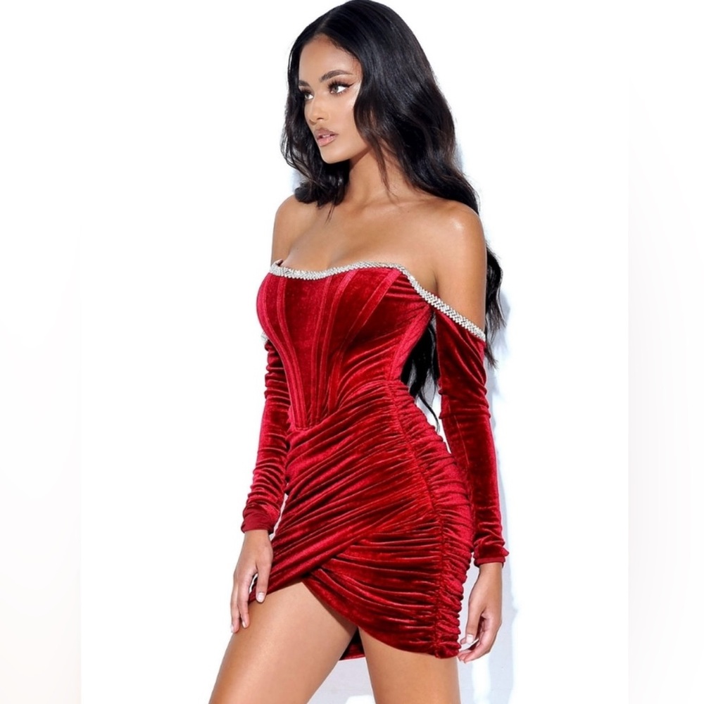 ❤️Odette Burgundy Velvet Off Shoulder Corset Dress With Crystal Trim